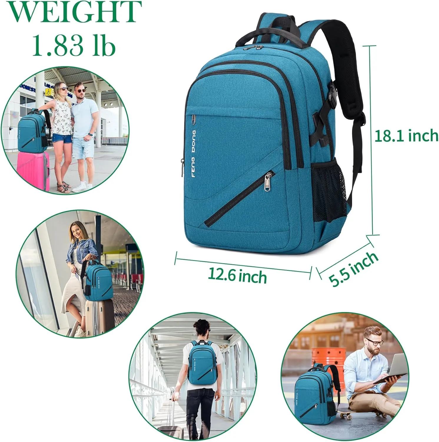 17.3 inch Large Laptop Backpack Durable Waterproof Travel College Backpack Bookbag for Men & Women Business Backpack with USB Charging Port and Headset Port Light Teal