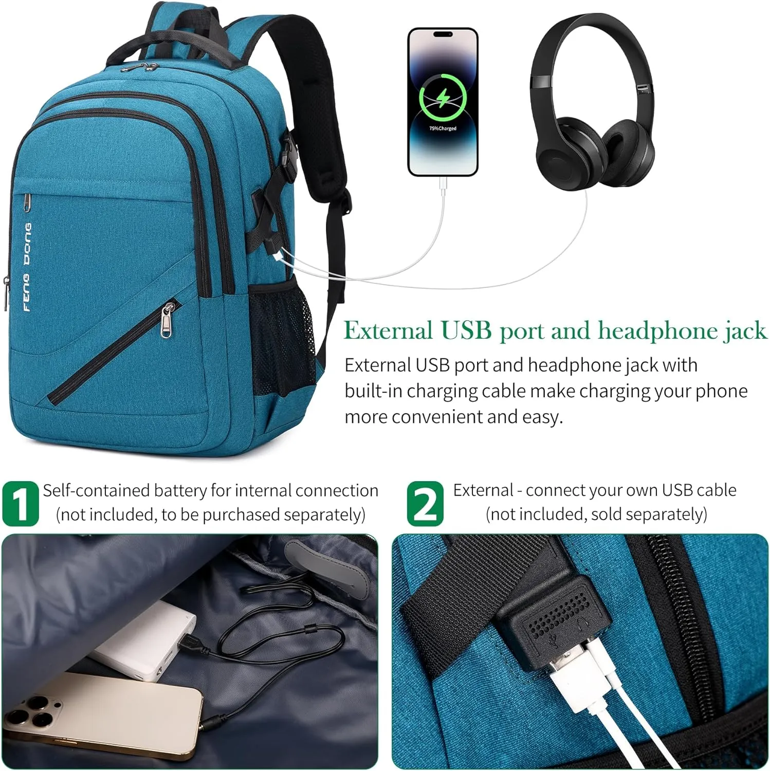 17.3 inch Large Laptop Backpack Durable Waterproof Travel College Backpack Bookbag for Men & Women Business Backpack with USB Charging Port and Headset Port Light Teal