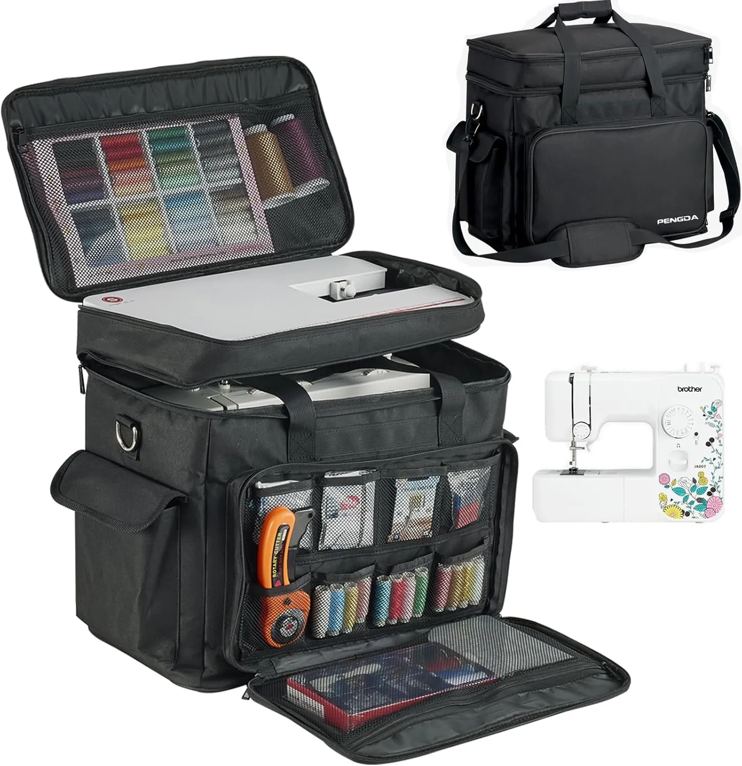 2 Layer Sewing Machine Case with Adjustable Shoulder Strap Sewing Machine Carrying Case Universal Tote Bag for Sewing Machine and Sewing Accessories Storage Black