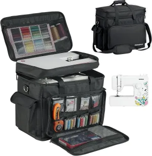 2 Layer Sewing Machine Case with Adjustable Shoulder Strap Sewing Machine Carrying Case Universal Tote Bag for Sewing Machine and Sewing Accessories Storage Black