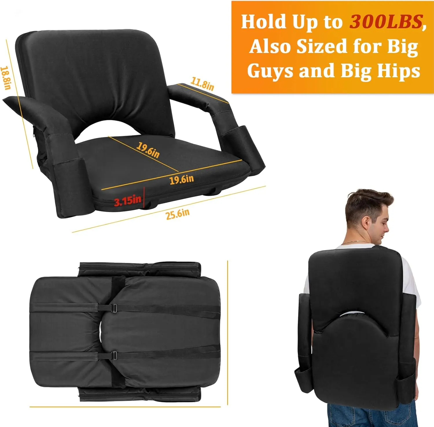 2 Pack Stadium Seats for Bleachers with Upgraded Armrests and Strong Back Support, Bleacher Seats with Extra Wide Cushion, 6.6LBS Lightweight, 6 Reclining Positions, Floor Chair for Indoor Outdoor