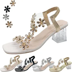 2024 New Women's Flower Rhinestone Block Heel Sandals, Womens Low Heel Comfortable Pump Block Heel Sandals