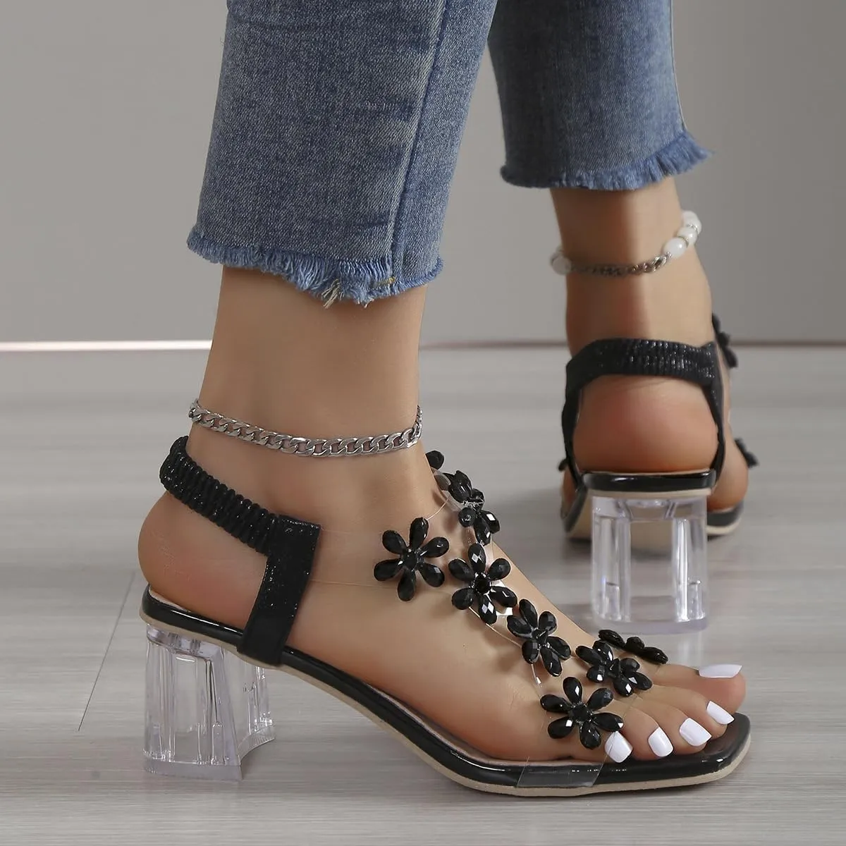 2024 New Women's Flower Rhinestone Block Heel Sandals, Womens Low Heel Comfortable Pump Block Heel Sandals