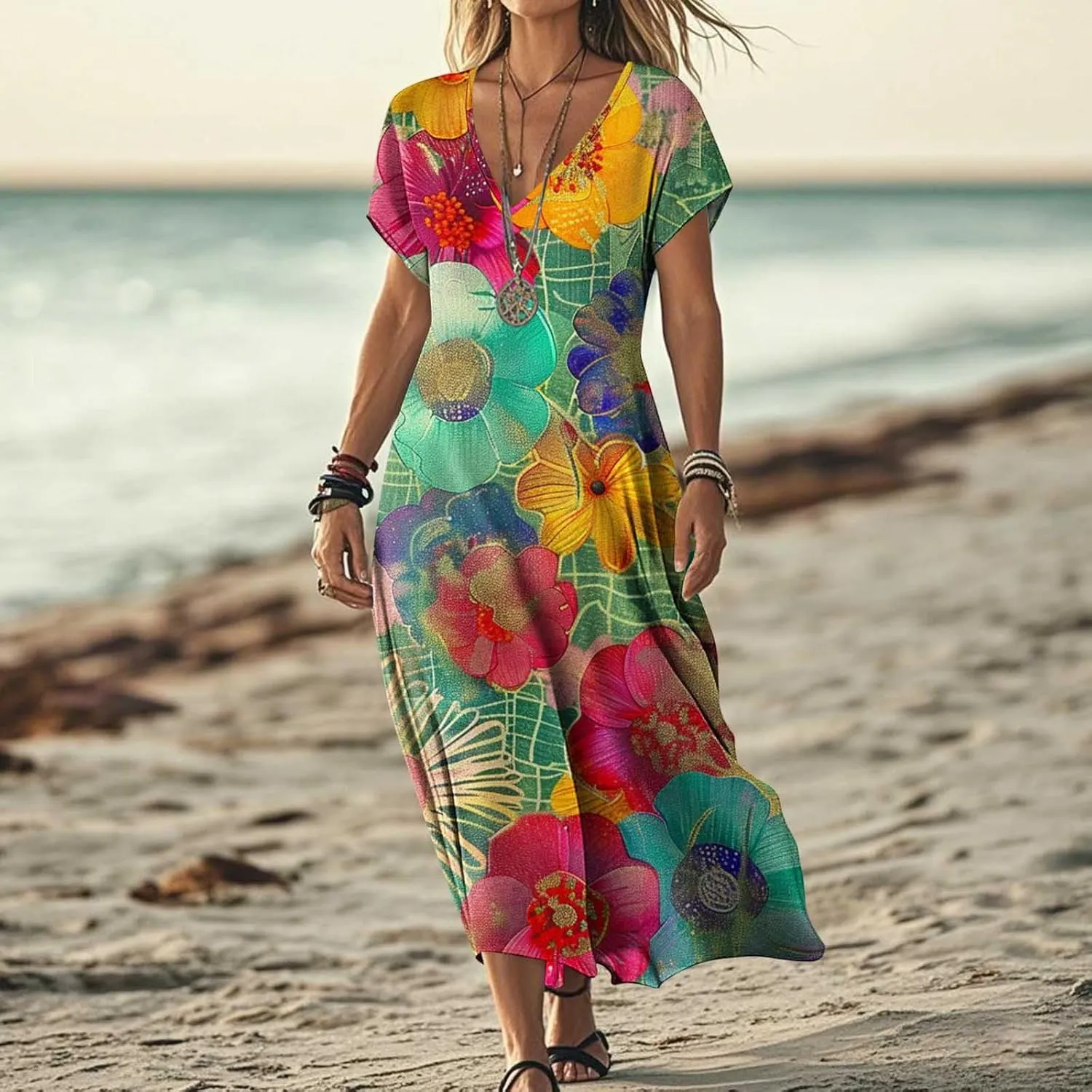 2025 Casual Dress for Women Flowy V Neck Short Sleeve Floral Maxi Dresses Lightweight Summer Beach Vacation Clothes