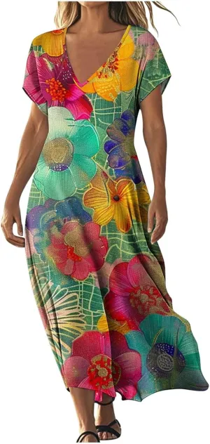 2025 Casual Dress for Women Flowy V Neck Short Sleeve Floral Maxi Dresses Lightweight Summer Beach Vacation Clothes
