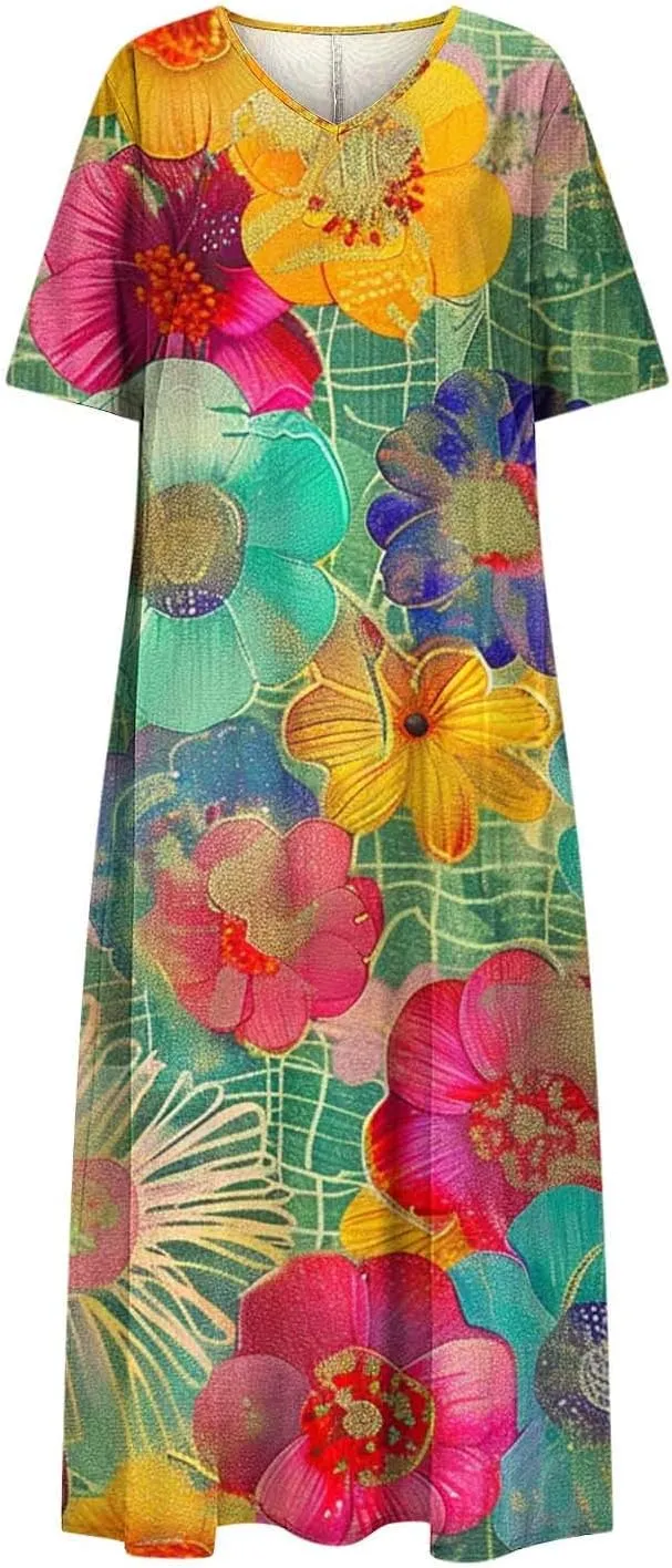 2025 Casual Dress for Women Flowy V Neck Short Sleeve Floral Maxi Dresses Lightweight Summer Beach Vacation Clothes