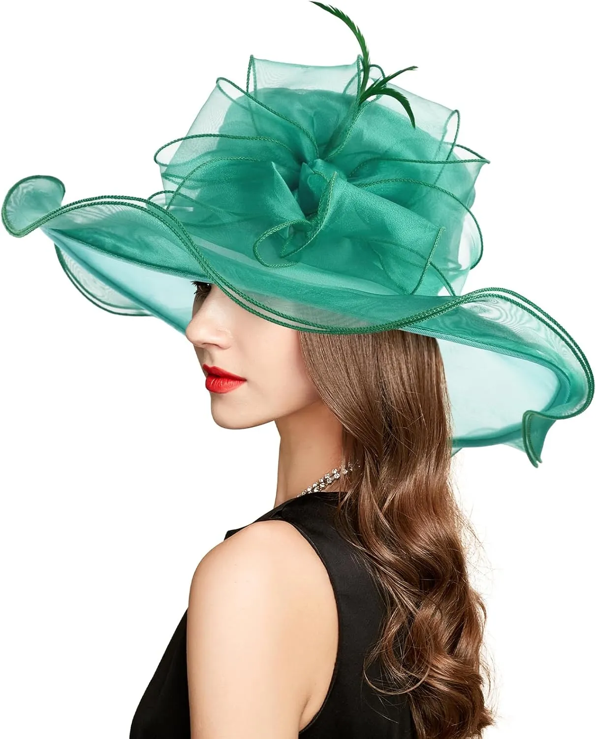 2025 Derby Hat, Classy Sun Hat for Women Ladies, Organza Feather Kentucky Fascinator for Tea Party Church UV Protection