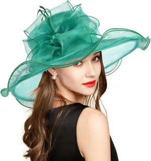 2025 Derby Hat, Classy Sun Hat for Women Ladies, Organza Feather Kentucky Fascinator for Tea Party Church UV Protection