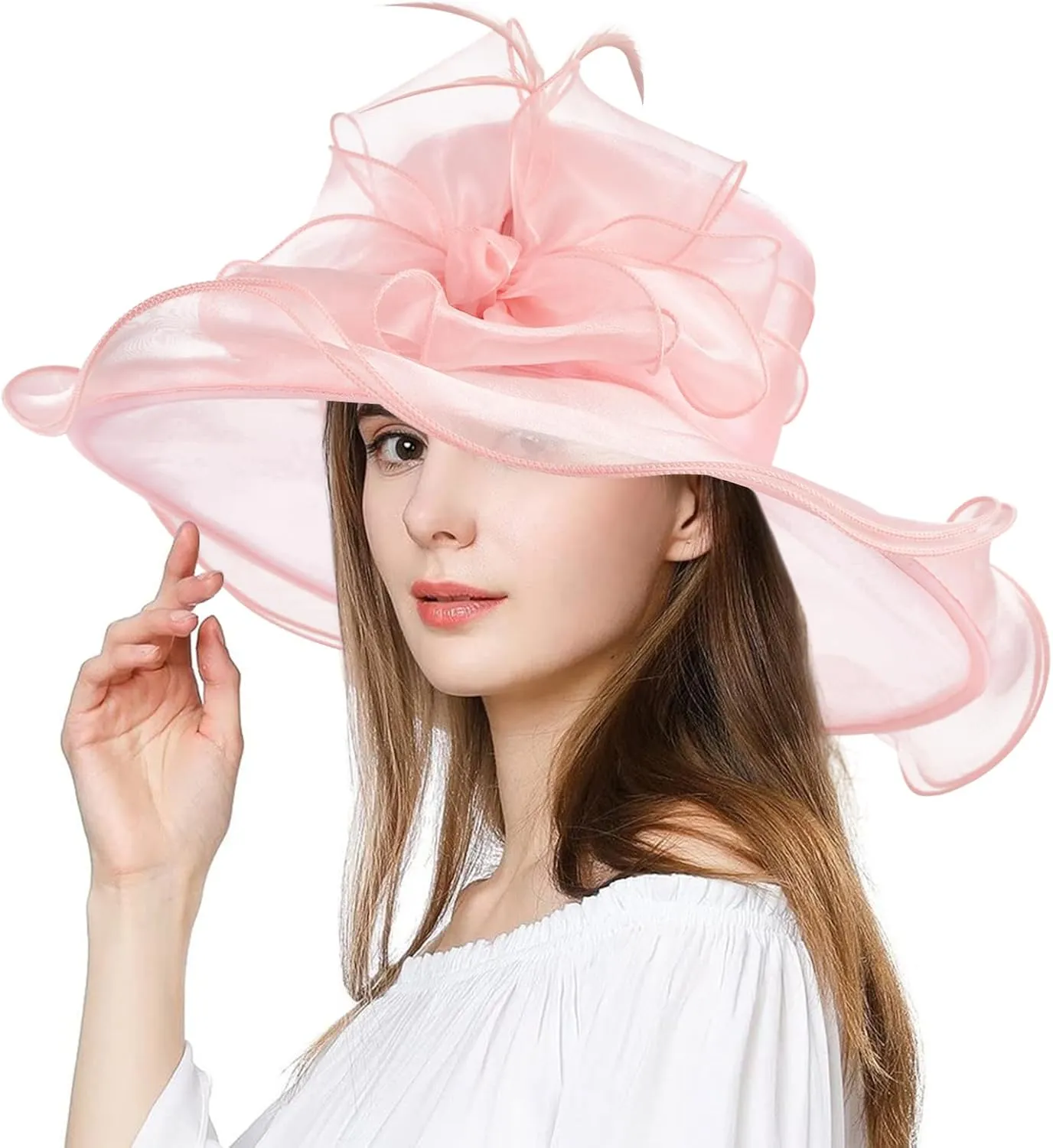 2025 Derby Hat, Classy Sun Hat for Women Ladies, Organza Feather Kentucky Fascinator for Tea Party Church UV Protection