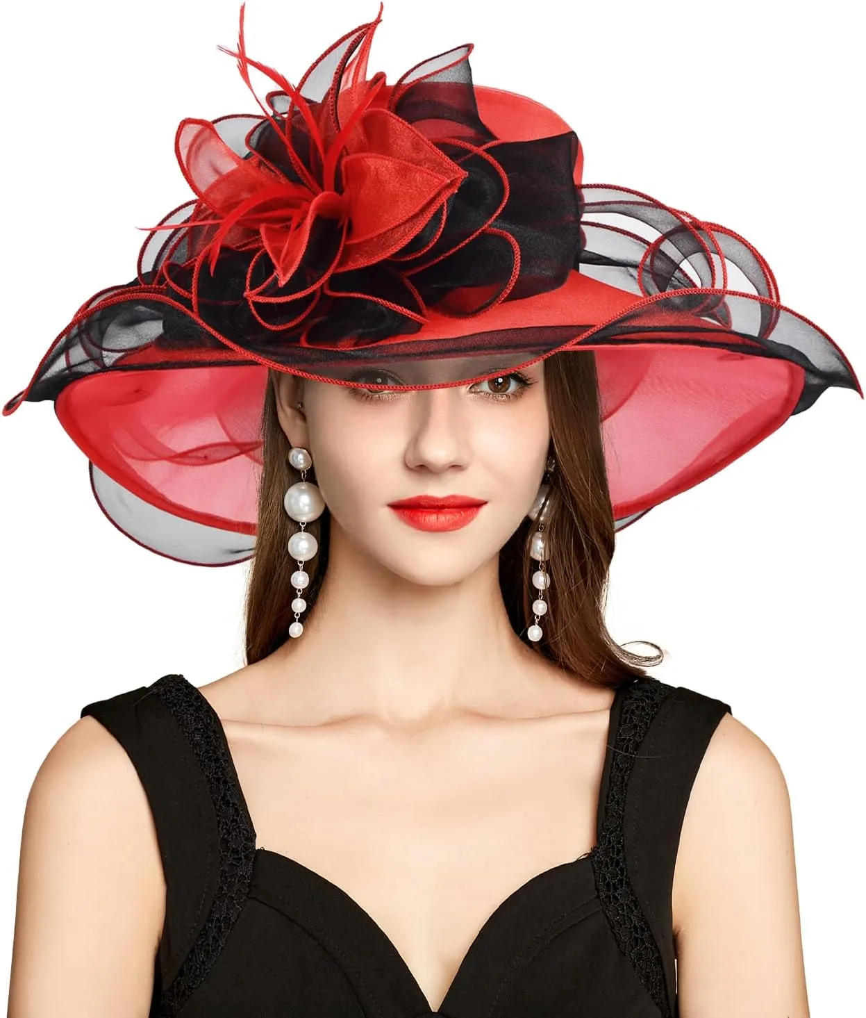 2025 Derby Hat, Classy Sun Hat for Women Ladies, Organza Feather Kentucky Fascinator for Tea Party Church UV Protection