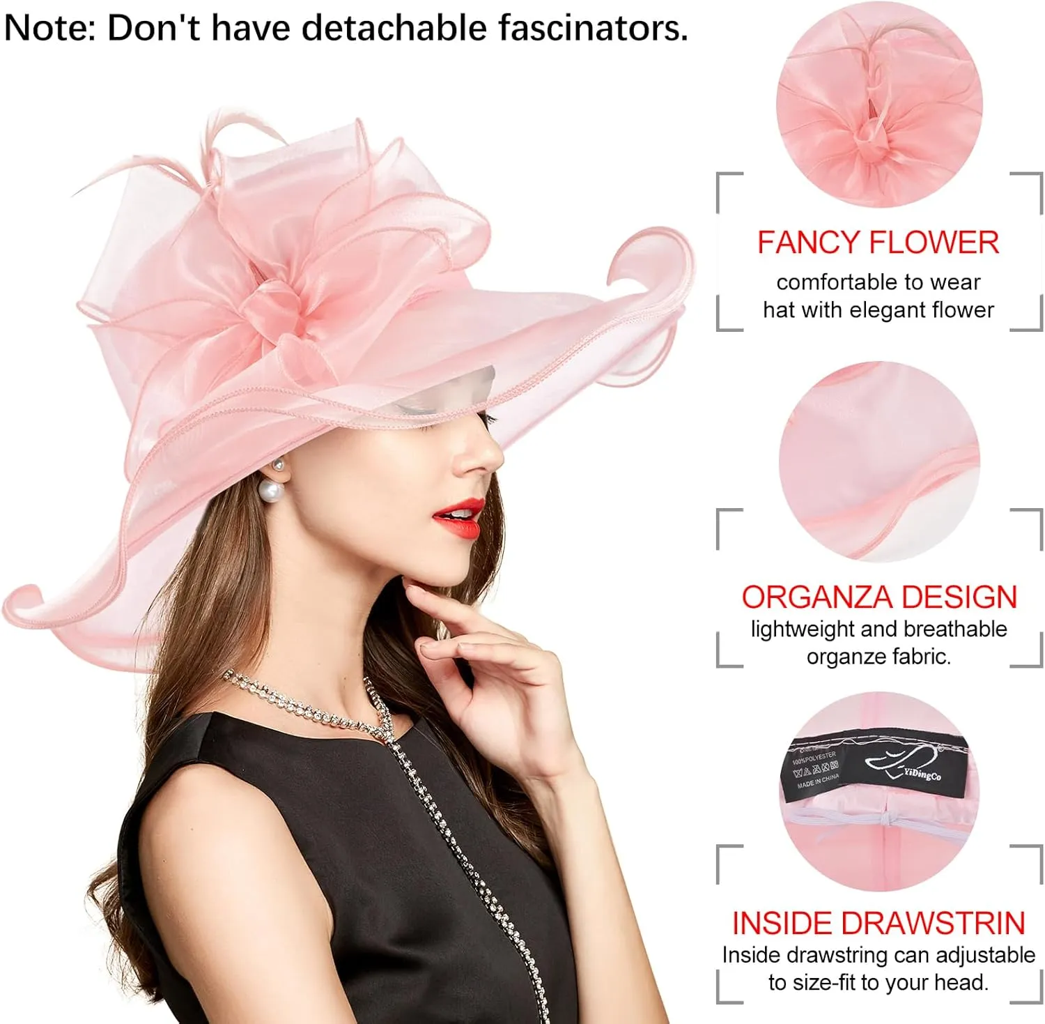 2025 Derby Hat, Classy Sun Hat for Women Ladies, Organza Feather Kentucky Fascinator for Tea Party Church UV Protection