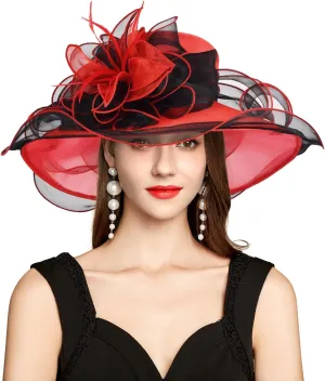 2025 Derby Hat, Classy Sun Hat for Women Ladies, Organza Feather Kentucky Fascinator for Tea Party Church UV Protection