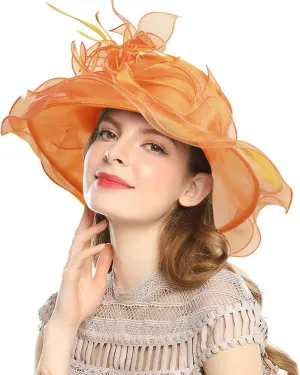 2025 Derby Hat, Classy Sun Hat for Women Ladies, Organza Feather Kentucky Fascinator for Tea Party Church UV Protection