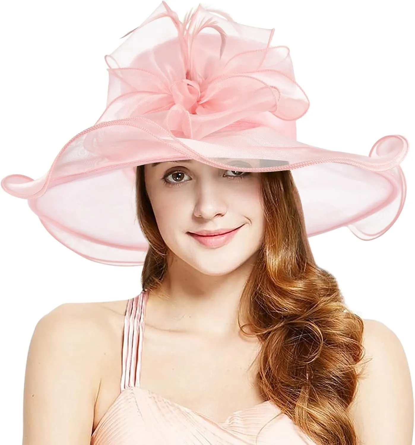 2025 Derby Hat, Classy Sun Hat for Women Ladies, Organza Feather Kentucky Fascinator for Tea Party Church UV Protection