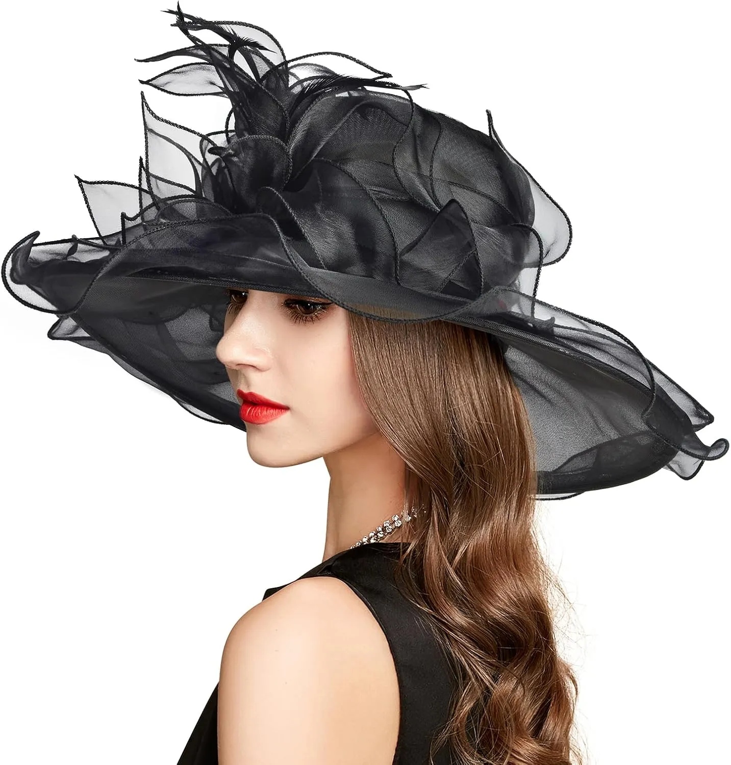 2025 Derby Hat, Classy Sun Hat for Women Ladies, Organza Feather Kentucky Fascinator for Tea Party Church UV Protection
