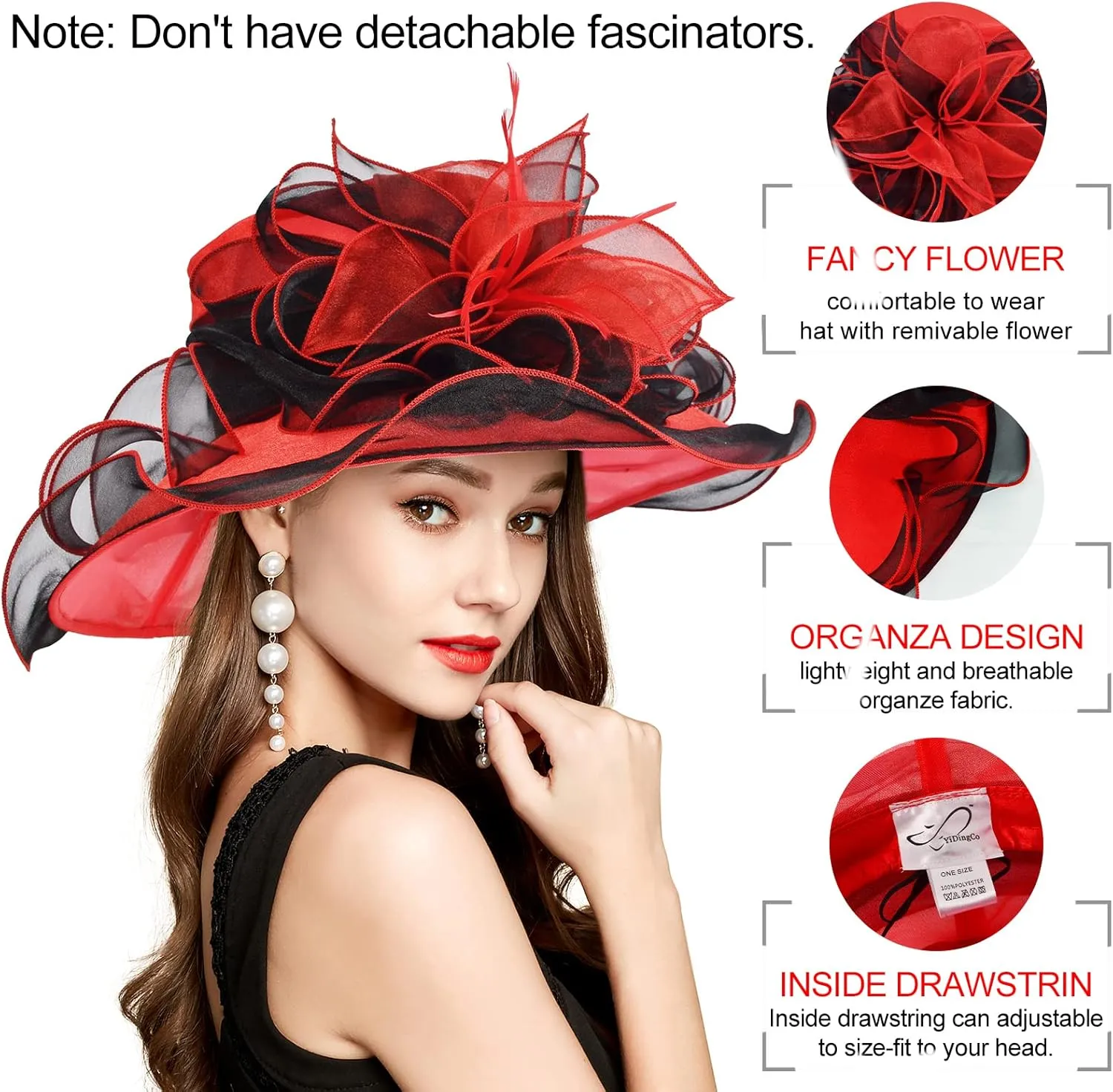 2025 Derby Hat, Classy Sun Hat for Women Ladies, Organza Feather Kentucky Fascinator for Tea Party Church UV Protection
