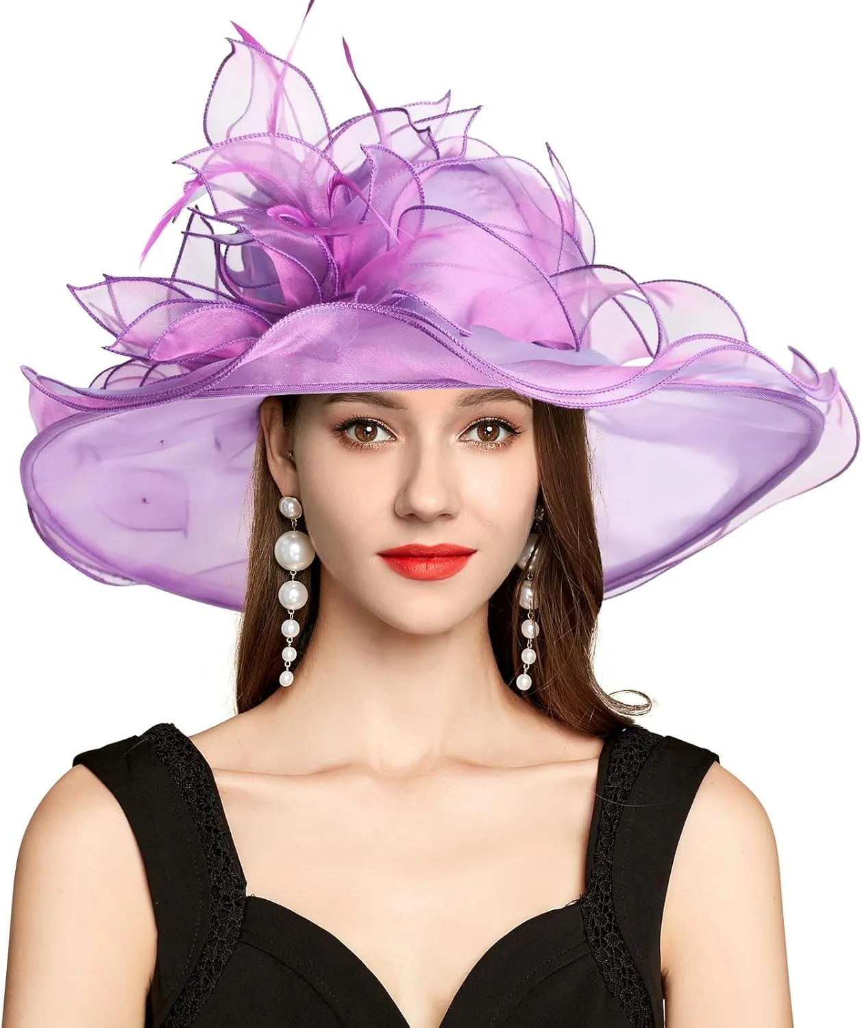 2025 Derby Hat, Classy Sun Hat for Women Ladies, Organza Feather Kentucky Fascinator for Tea Party Church UV Protection