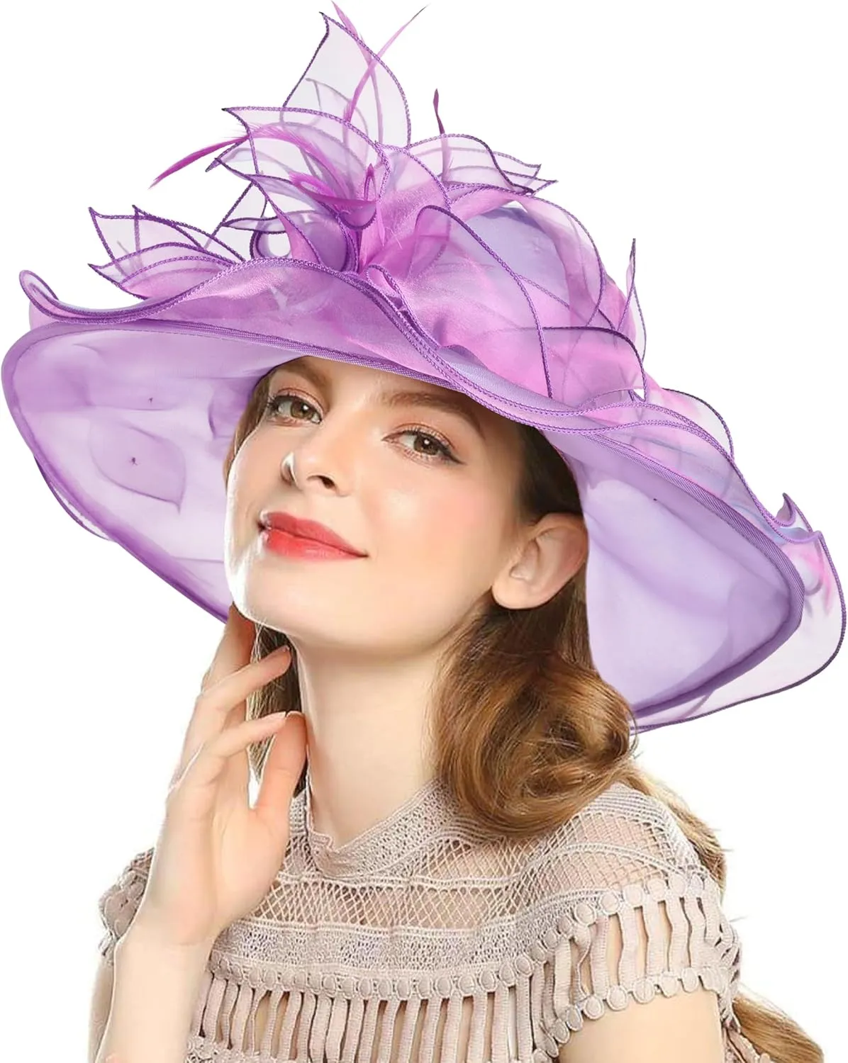 2025 Derby Hat, Classy Sun Hat for Women Ladies, Organza Feather Kentucky Fascinator for Tea Party Church UV Protection