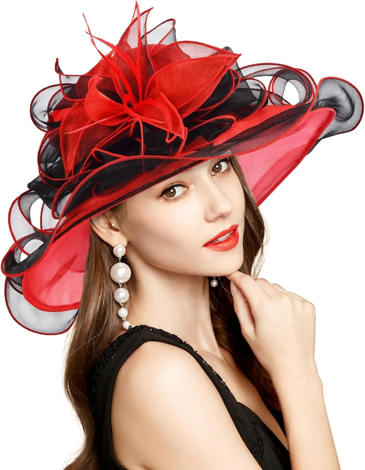 2025 Derby Hat, Classy Sun Hat for Women Ladies, Organza Feather Kentucky Fascinator for Tea Party Church UV Protection