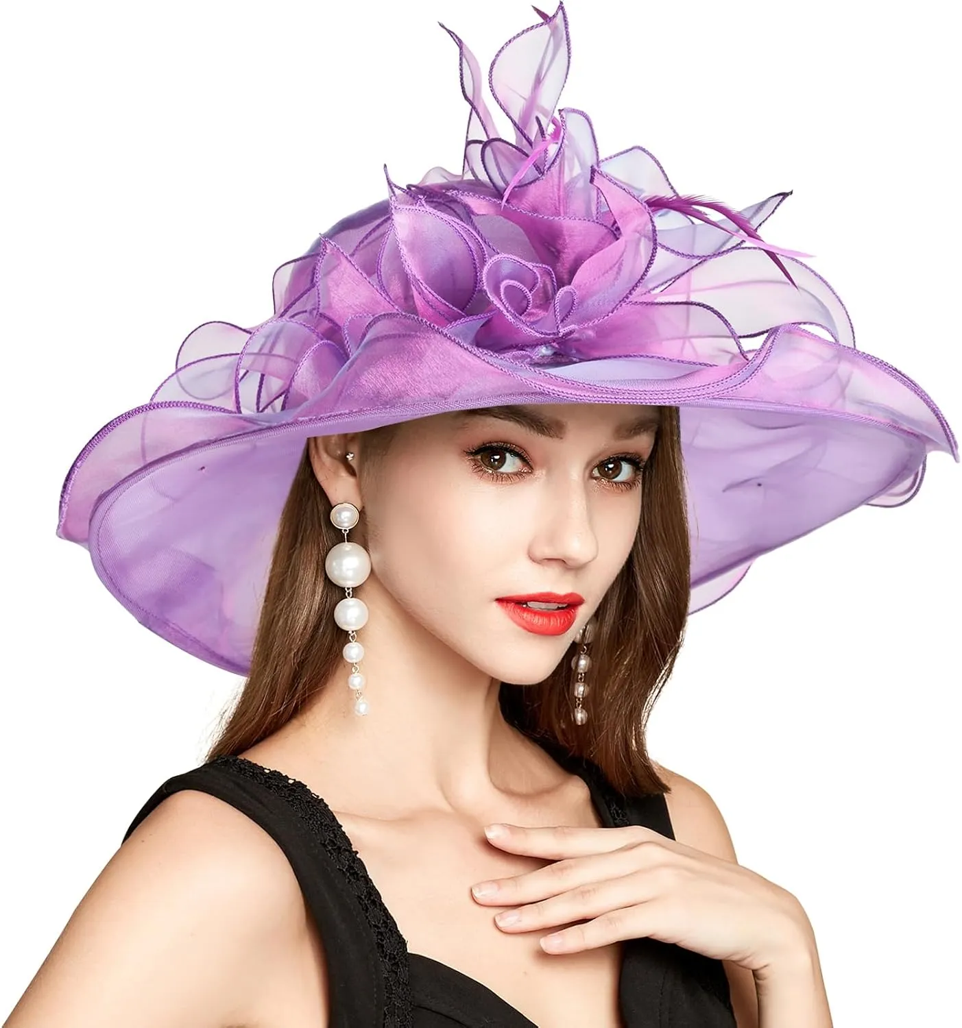2025 Derby Hat, Classy Sun Hat for Women Ladies, Organza Feather Kentucky Fascinator for Tea Party Church UV Protection