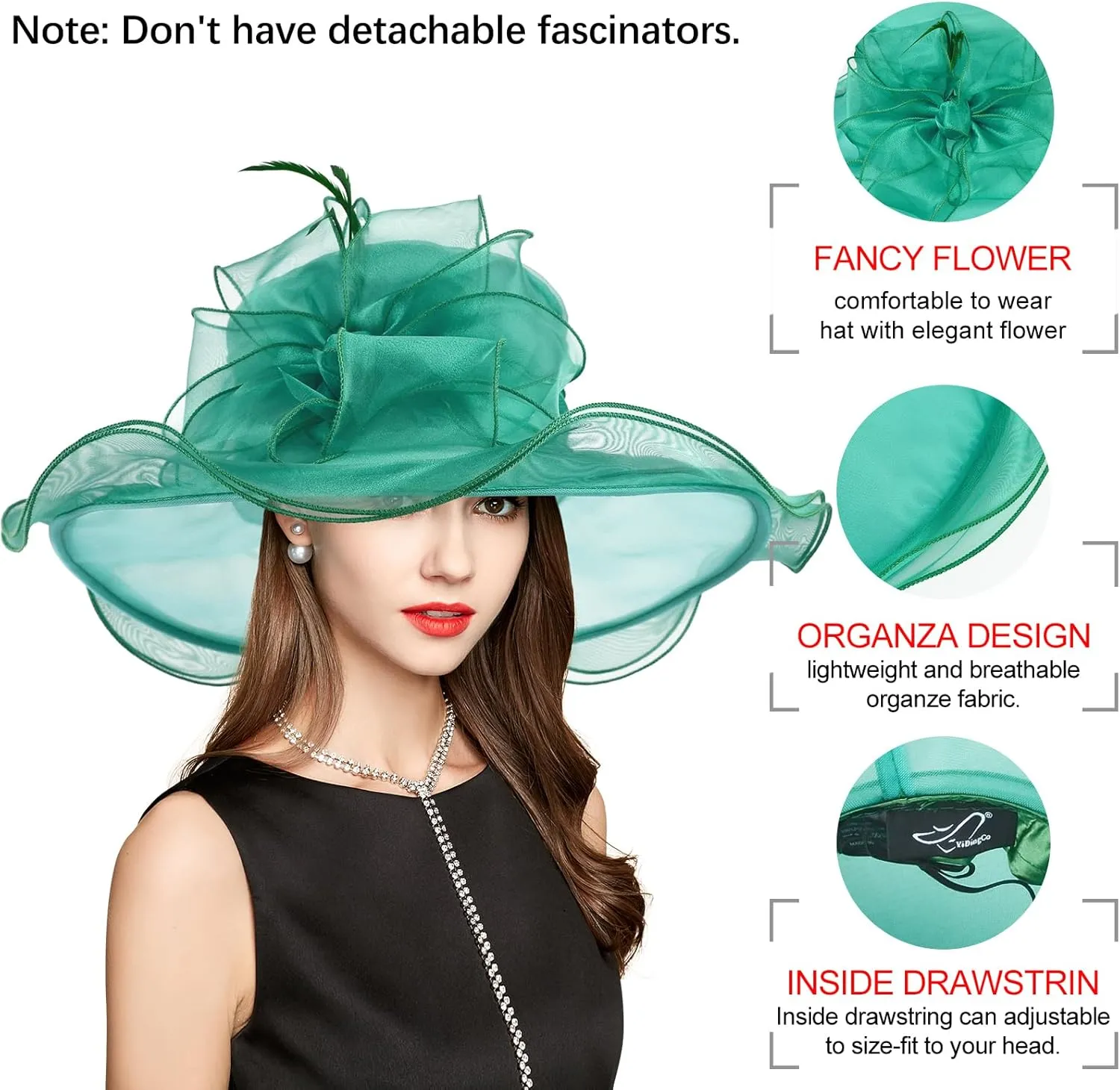 2025 Derby Hat, Classy Sun Hat for Women Ladies, Organza Feather Kentucky Fascinator for Tea Party Church UV Protection