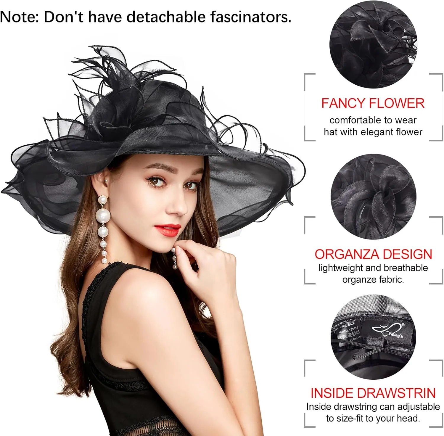 2025 Derby Hat, Classy Sun Hat for Women Ladies, Organza Feather Kentucky Fascinator for Tea Party Church UV Protection