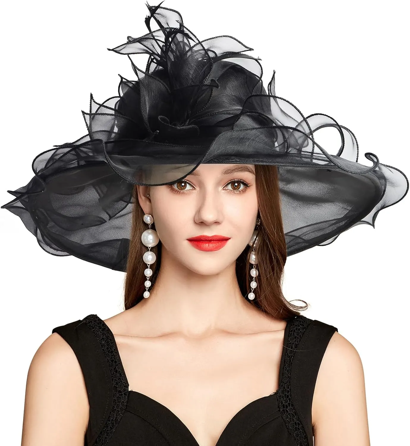2025 Derby Hat, Classy Sun Hat for Women Ladies, Organza Feather Kentucky Fascinator for Tea Party Church UV Protection