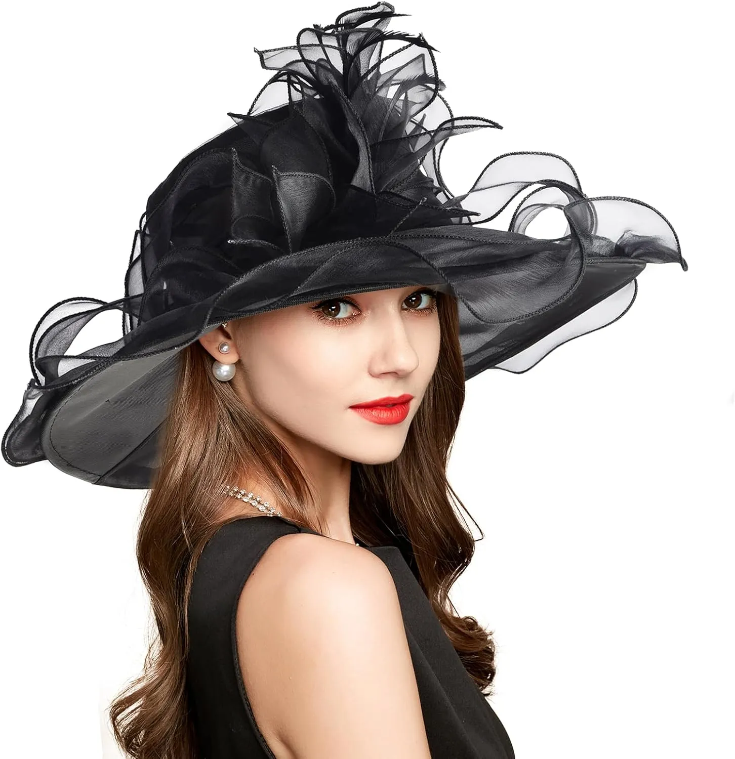 2025 Derby Hat, Classy Sun Hat for Women Ladies, Organza Feather Kentucky Fascinator for Tea Party Church UV Protection