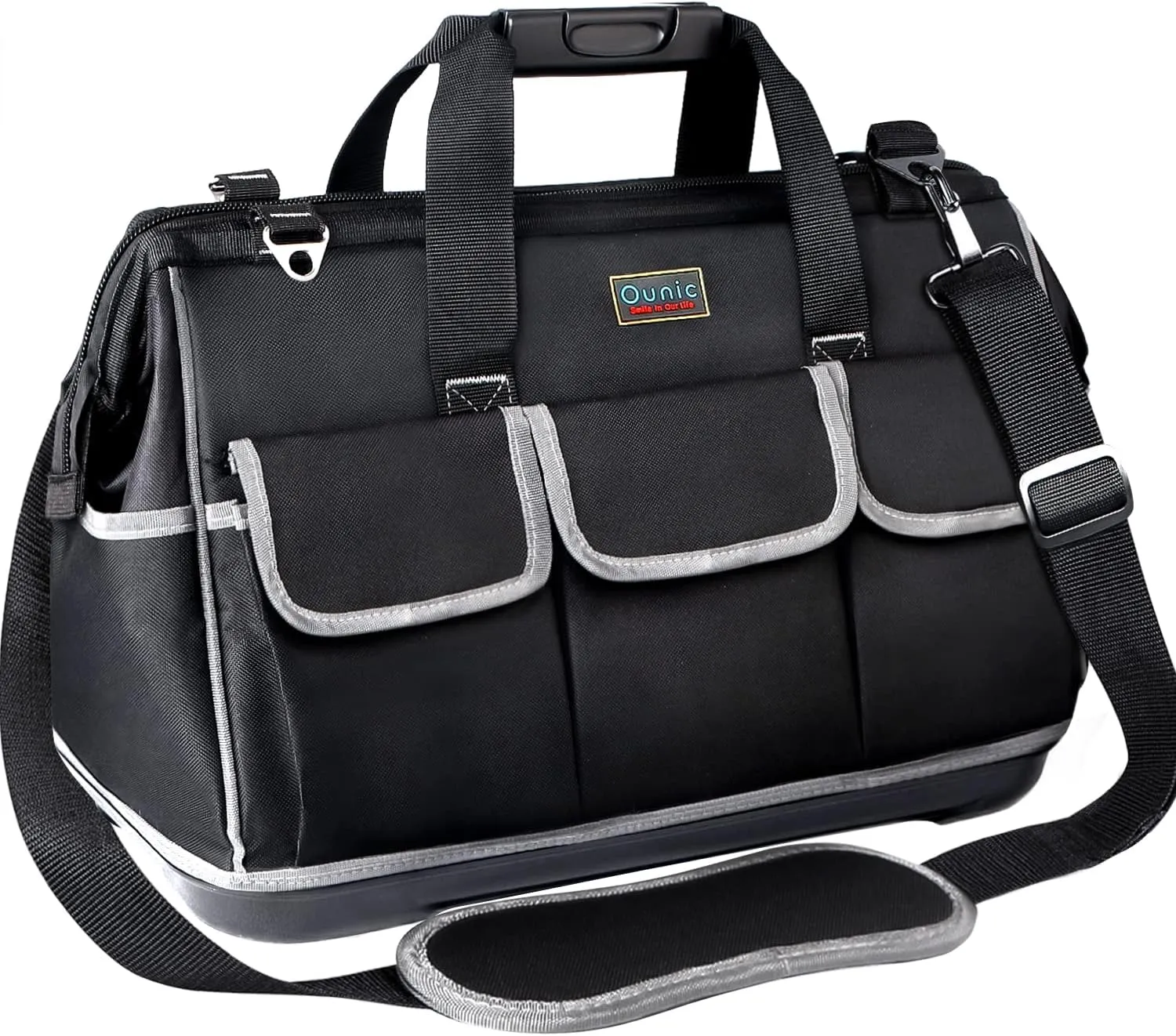22-Inch Large Tool Bag With Wide Mouth and Waterproof Strong Molded Base - Heavy Duty Organizer With Adjustable Shoulder Strap for Various Tools (Black)