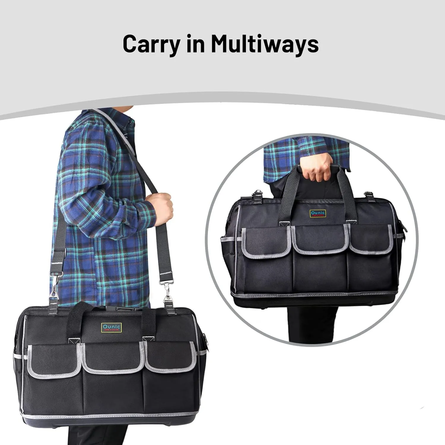 22-Inch Large Tool Bag With Wide Mouth and Waterproof Strong Molded Base - Heavy Duty Organizer With Adjustable Shoulder Strap for Various Tools (Black)