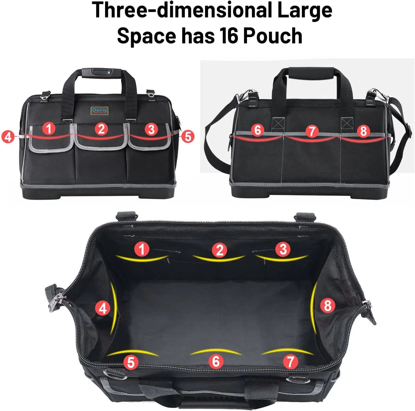 22-Inch Large Tool Bag With Wide Mouth and Waterproof Strong Molded Base - Heavy Duty Organizer With Adjustable Shoulder Strap for Various Tools (Black)