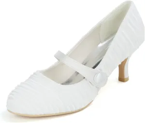 2.36'' Women's Bridal Shoes Closed Toe Kitten Heel Pumps Satin Pleated Wedding Shoes Pointed Toe Slip on Ivory Mary Jane