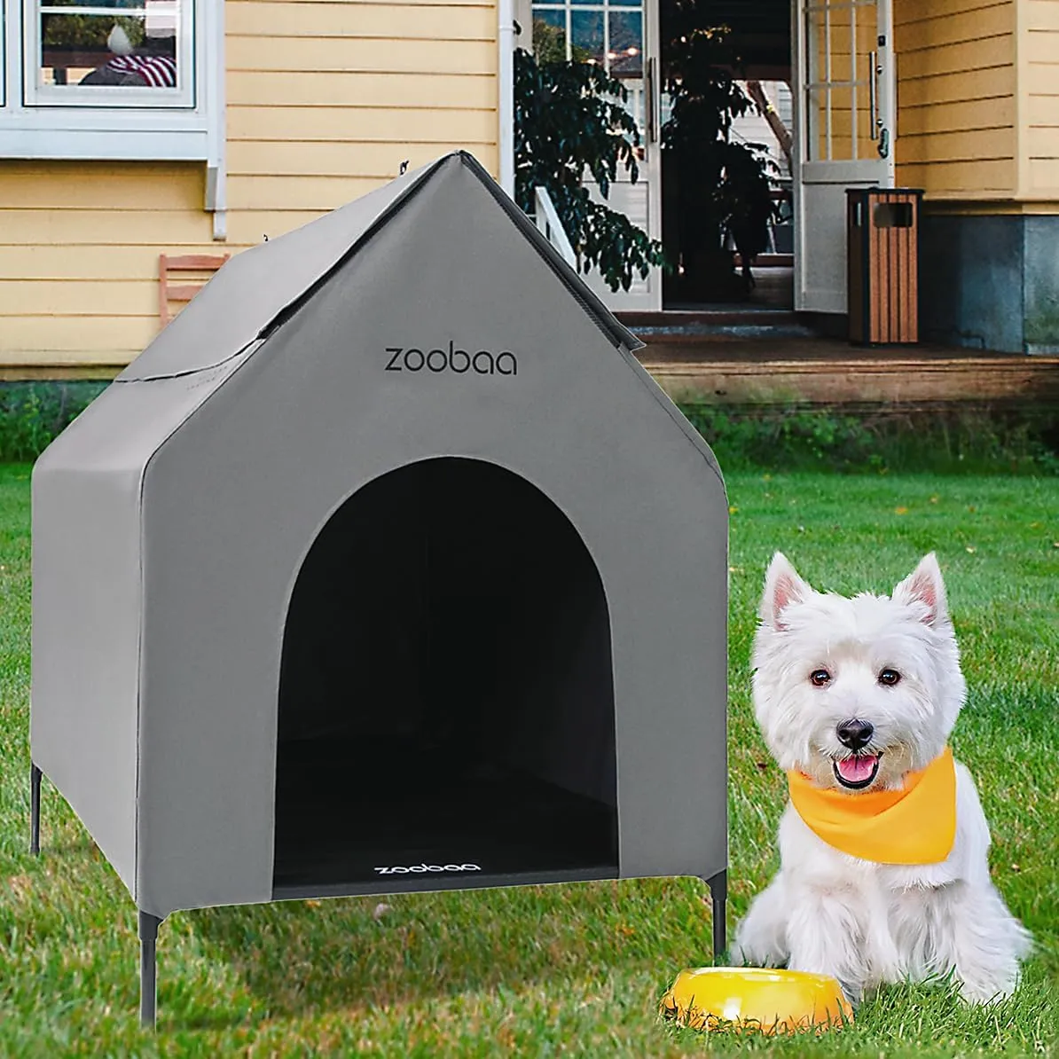 29" 2-in-1 Dog House for Medium Dogs, Elevted Dog House Outdoor/Indoor, Puppy Shelter Outside,Water Resistant 600D PVC and Durable 2x1 Textilene Raised Dog Bed
