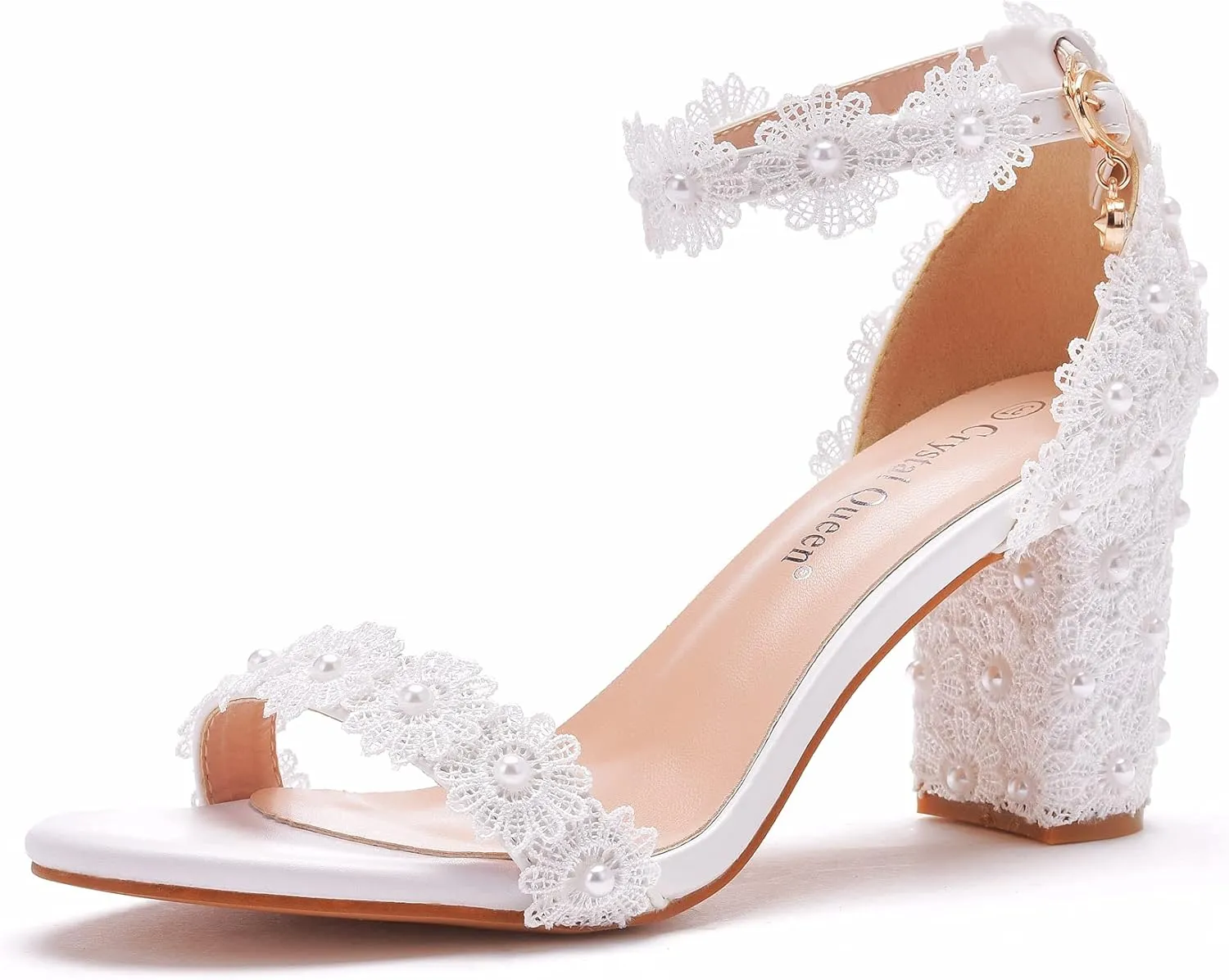3 Inches Block Heel Sandals WomenThick Chunky Heels Peep Toe Wedding Sandals Full Pearls White Lace Sandals for Wedding Party Birthday and Evening Shoes