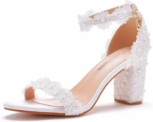 3 Inches Block Heel Sandals WomenThick Chunky Heels Peep Toe Wedding Sandals Full Pearls White Lace Sandals for Wedding Party Birthday and Evening Shoes