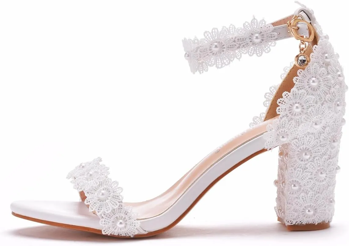 3 Inches Block Heel Sandals WomenThick Chunky Heels Peep Toe Wedding Sandals Full Pearls White Lace Sandals for Wedding Party Birthday and Evening Shoes