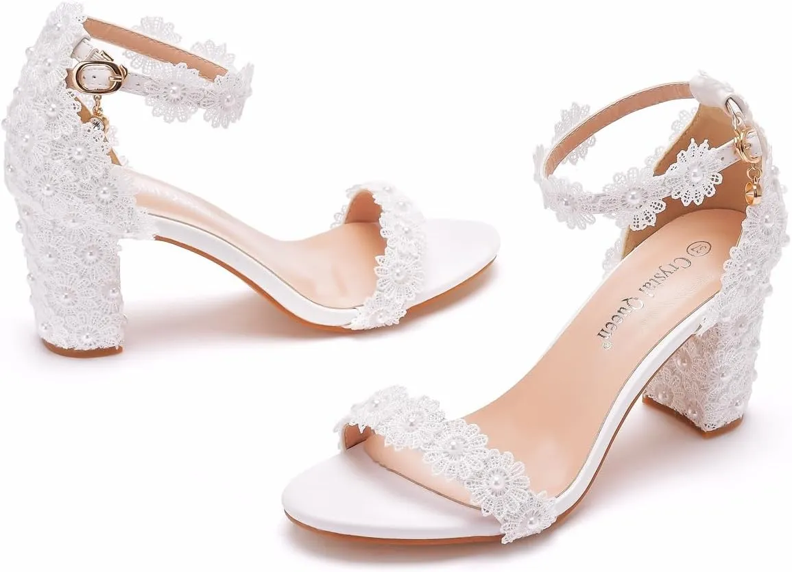 3 Inches Block Heel Sandals WomenThick Chunky Heels Peep Toe Wedding Sandals Full Pearls White Lace Sandals for Wedding Party Birthday and Evening Shoes