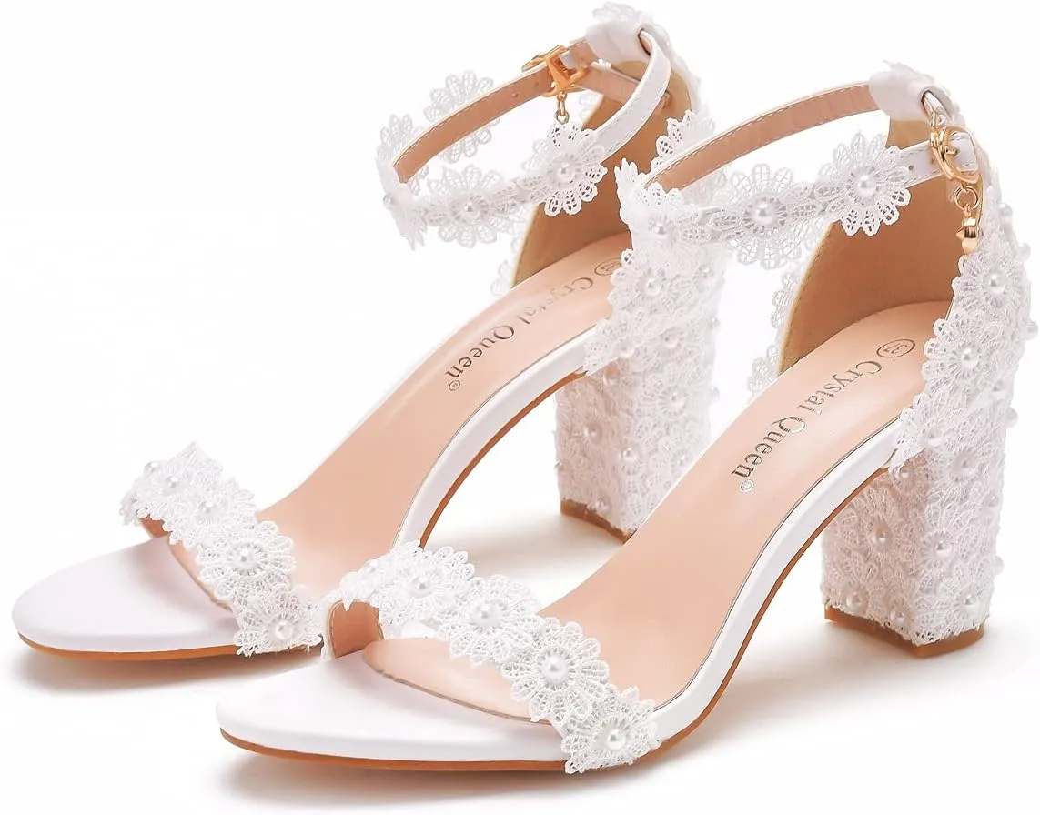 3 Inches Block Heel Sandals WomenThick Chunky Heels Peep Toe Wedding Sandals Full Pearls White Lace Sandals for Wedding Party Birthday and Evening Shoes