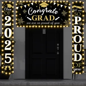 3 Pcs Graduation Door Banners 2025 Decorations Congrats Grad Banners Porch Sign Party Supplies with LED Light Strips We Are So Proud of You Hanging Sign for Yard Wall Indoor Outdoor(Black)