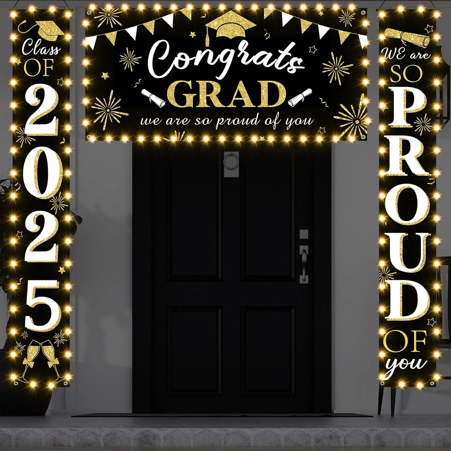 3 Pcs Graduation Door Banners 2025 Decorations Congrats Grad Banners Porch Sign Party Supplies with LED Light Strips We Are So Proud of You Hanging Sign for Yard Wall Indoor Outdoor(Black)