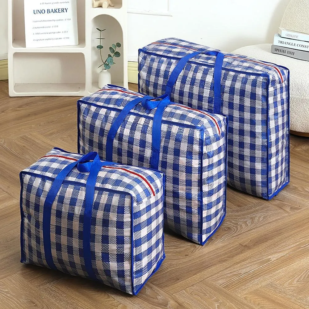 3 Pcs Moving Bag,Medium Large Extra Large Heavy Duty Storage Bag,Waterproof Dustproof Quilt Blankets Duffel Bag with Strong Handles & Zipper (02 Blue)