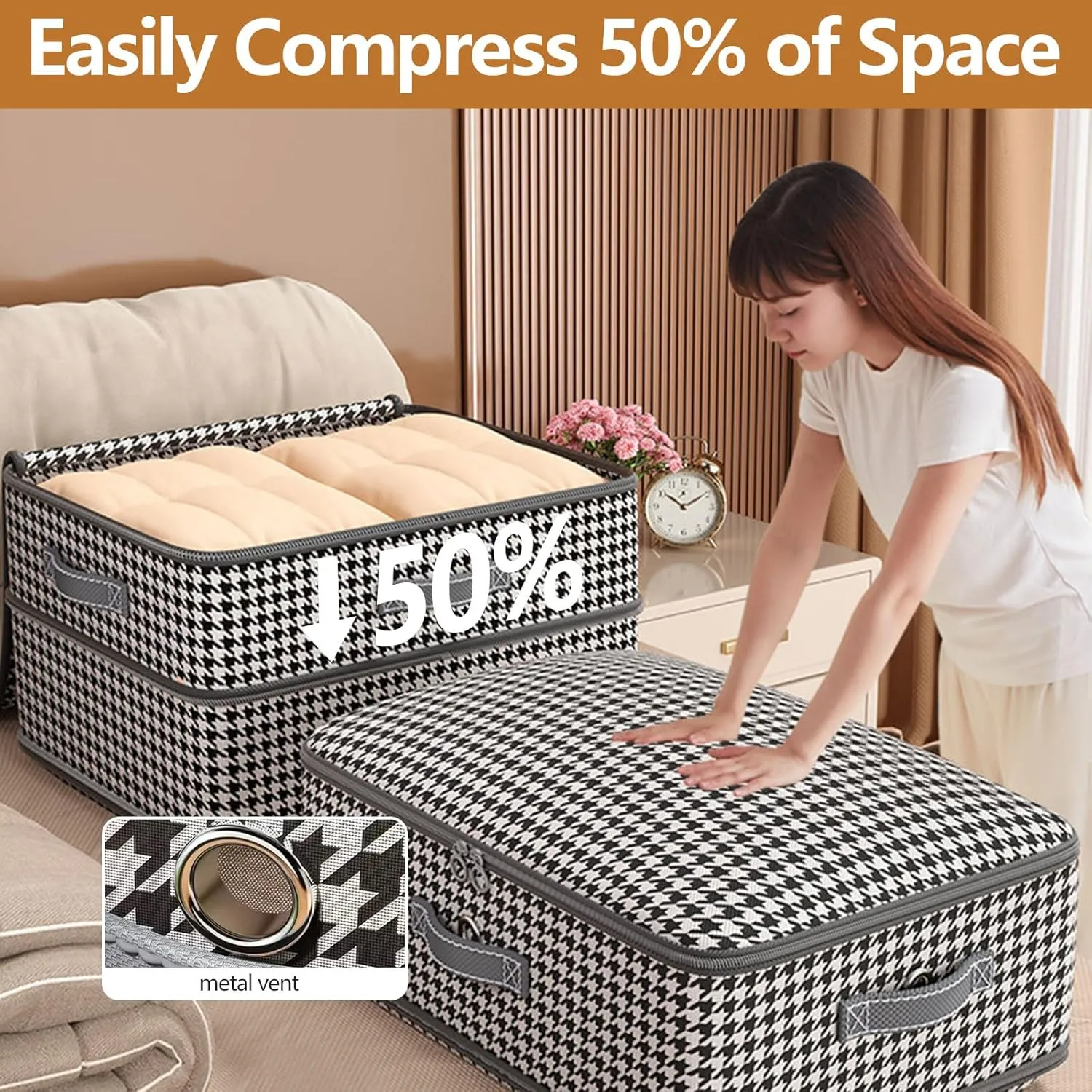 4 Pcs Self Compression Storage Bags, Large Capacity Ultra Space Saving Clothes Storage Bags for Sweater, Sheet, Bed, Blanket Storage Organizer with Window Handle, Comforter Bags with Zipper