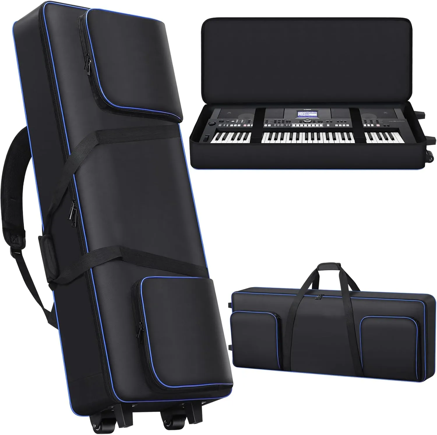 61 Key Keyboard Case with Wheels (Size: 40.5" * 16.5" * 5.5"), 61 Key Keyboard Piano Rolling Gig Bag Soft Padded with Multiple Pockets, Electric Keyboard Case for 61 Key Keyboard and Accessories