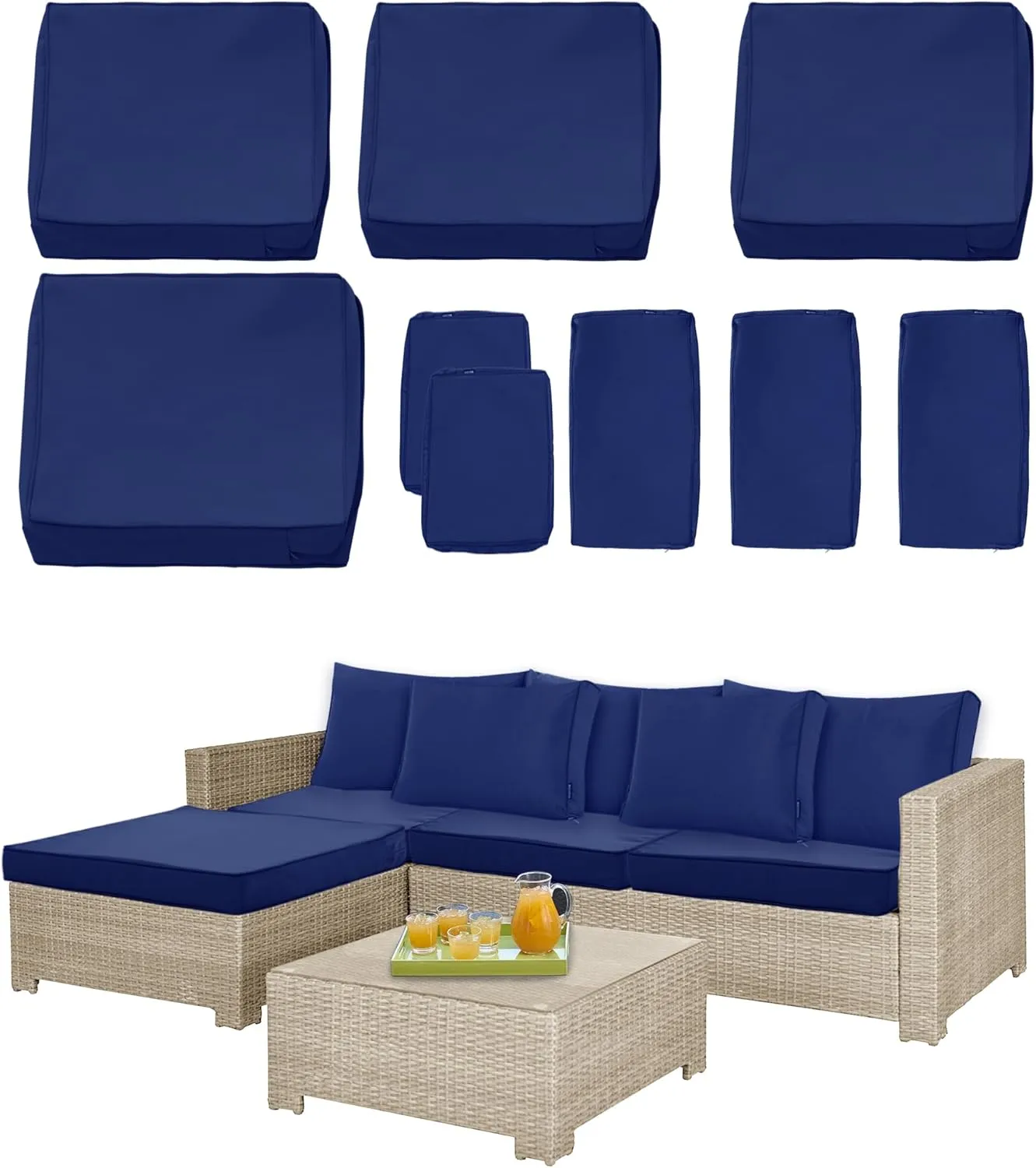 9 Pack Patio Cushion Covers Set Outdoor Cushion and Pillow Replacement for 5 Pieces 4 Seater Funiture Conversation Set Sectional Waterproof Patio Cushion Slipcovers Set Navy Covers ONLY