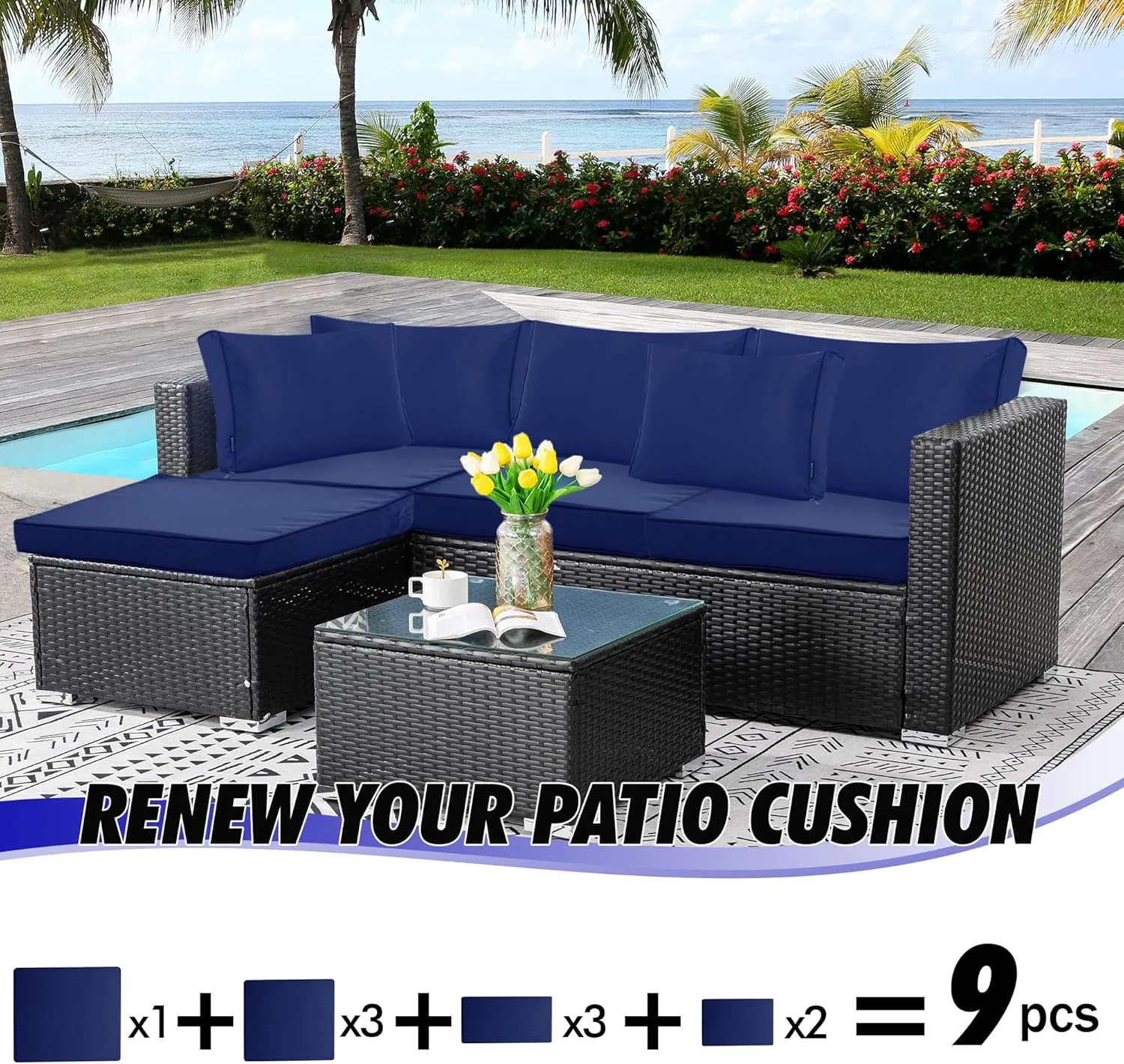 9 Pack Patio Cushion Covers Set Outdoor Cushion and Pillow Replacement for 5 Pieces 4 Seater Funiture Conversation Set Sectional Waterproof Patio Cushion Slipcovers Set Navy Covers ONLY
