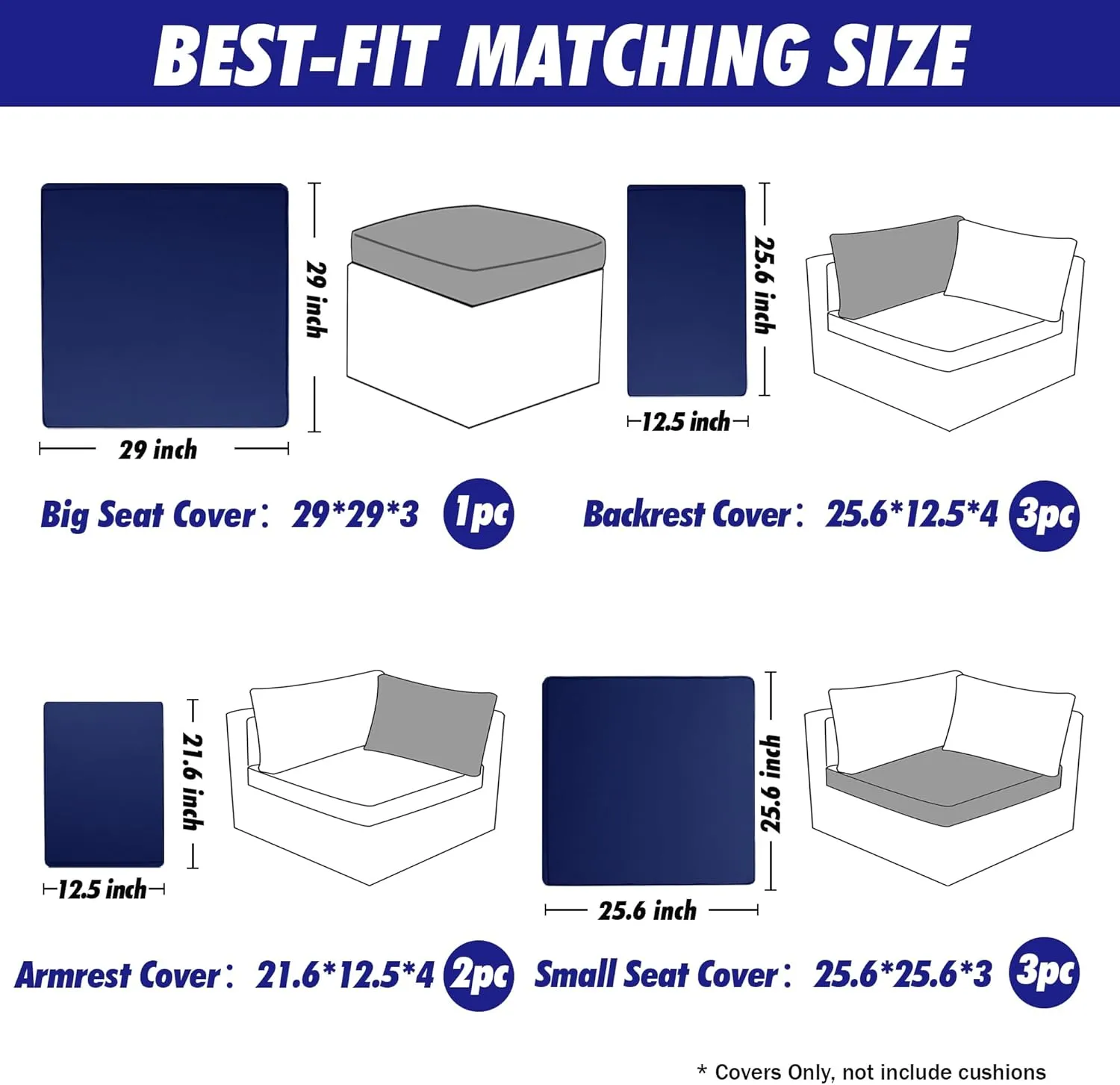 9 Pack Patio Cushion Covers Set Outdoor Cushion and Pillow Replacement for 5 Pieces 4 Seater Funiture Conversation Set Sectional Waterproof Patio Cushion Slipcovers Set Navy Covers ONLY