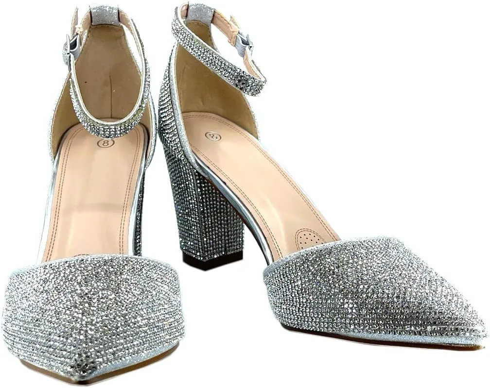 ABSOLEX Women's Pointy-Toe D'Orsay Ankle Strap Block Heel Dress Pump