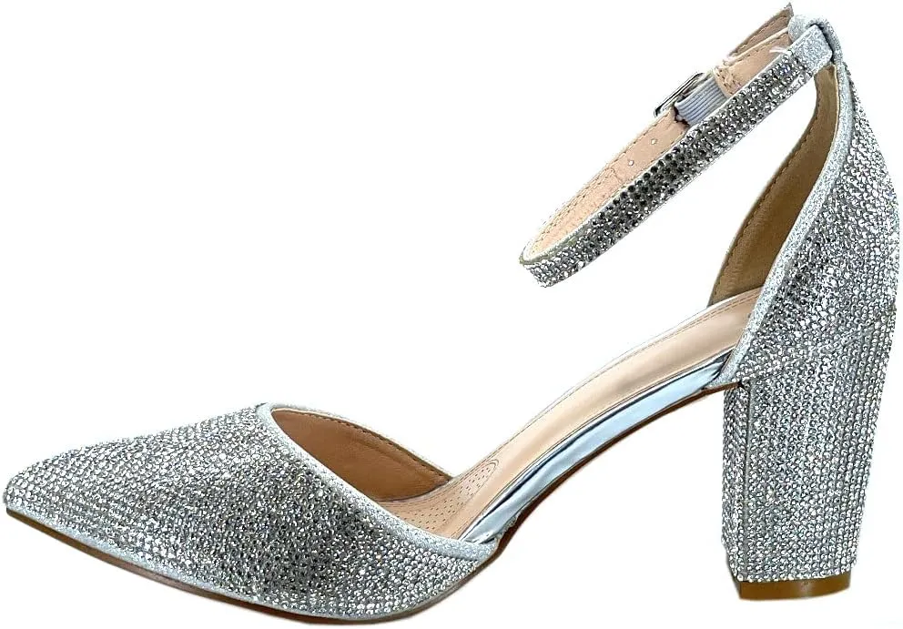 ABSOLEX Women's Pointy-Toe D'Orsay Ankle Strap Block Heel Dress Pump