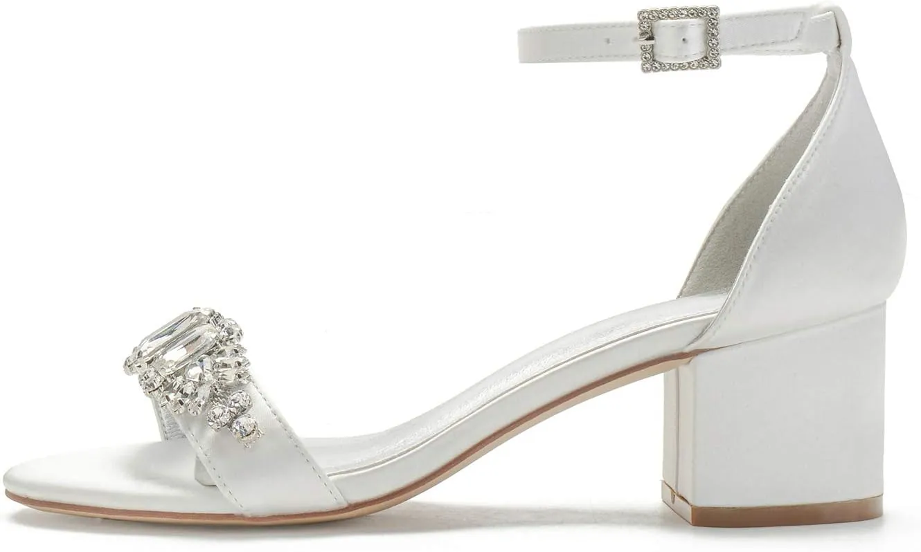 ADMLZQQ Women's Low Block Heel Sandals Chunky Ankle Strap Rhinestone Wedding Dress Shoes Low Heel Comfortable Pump Sandals