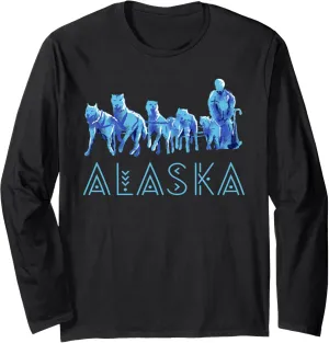 Alaska Sled Dogs Mushing Team Snow Sledding Mountain Scene Long Sleeve T-Shirt